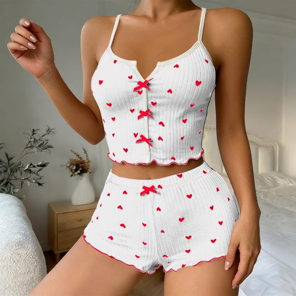 HOWPAY Valentines Pajamas for Women Set Cute Bow Print Sleeveless Tank Top and Shorts Loungewear Causal Lightweight Comfy 2 Piece Lounge Set White1 L