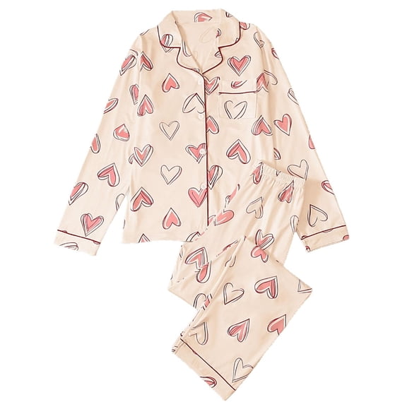 HOWPAY Valentines Pajamas for Women Set Cute Heart Graphic Long Sleeve Button down Tops and Long Pants Sleepwear Soft Comfy 2 Piece Pj Sets Pink S