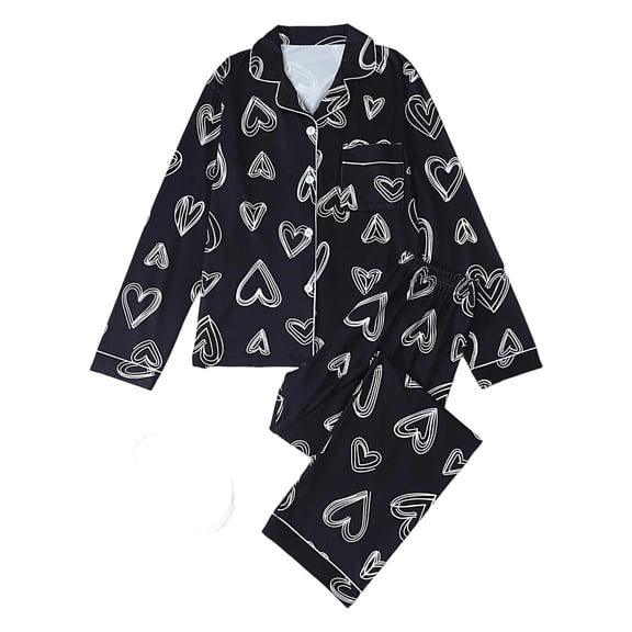 HOWPAY Valentines Pajamas for Women Set Heart Graphic Button down Long Sleeve Shirts and Loose Pants Sleepwear Soft Comfy 2 Piece Pj Sets Black L