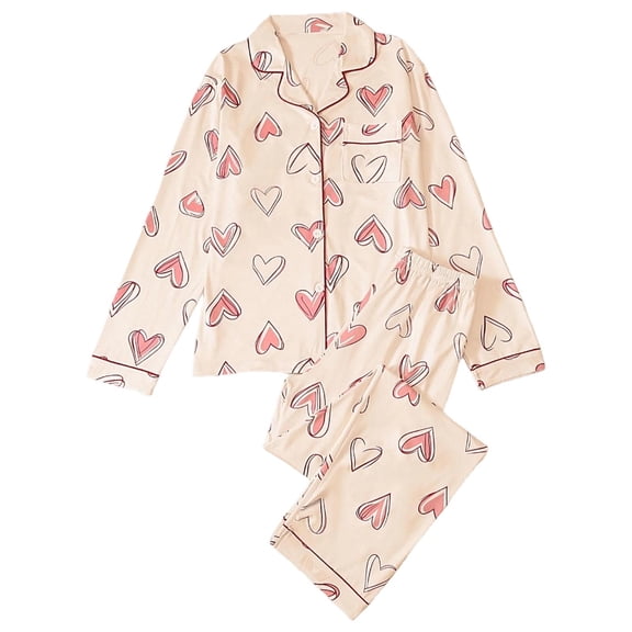 HOWPAY Valentines Pajamas for Women Set Heart Graphic Button down Long Sleeve Shirts and Loose Pants Sleepwear Soft Comfy 2 Piece Pj Sets Pink L