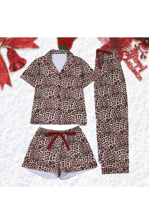 Valentines Pajamas for Women Set Leopard Print Short Sleeve Button up Pajamas with Pants and Shorts Loungewear 3 Piece Lounge Set Brown M