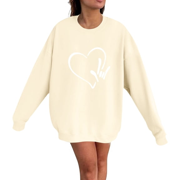 HOWPAY Valentines Sweatshirt for Women Oversized Love Heart Graphic Long Sleeve Crewneck Pullover Loose Fit Causal Drop Shoulder Shirt Soft Cozy Y2K Clothes Beige L