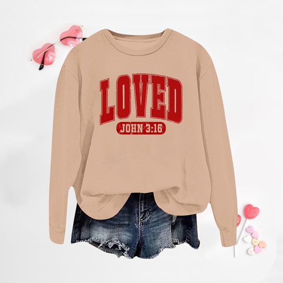 HOWPAY Valentines Sweatshirts for Women Oversized Love Letter Graphic Long Sleeve Round Neck Pullover Lightweight Tops Causal Fall Clothes Khaki L