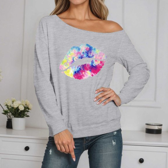 HOWPAY Valentines Women'S Sweatshirt Off Shoulder Graphic Long Sleeve Crewneck T Shirt Loose Fit Causal Blouse Lightweight Comfy Y2K Clothes Grey XL