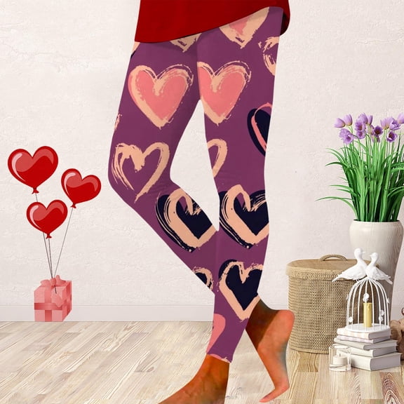 HOWPAY Valentines Women's Leggings Elastic High Waisted Love Heart Printed Tummy Control Slim Fit Yoga Pants Tights Soft Stretchy Ankle Length Baggy Sweat Pants Red M
