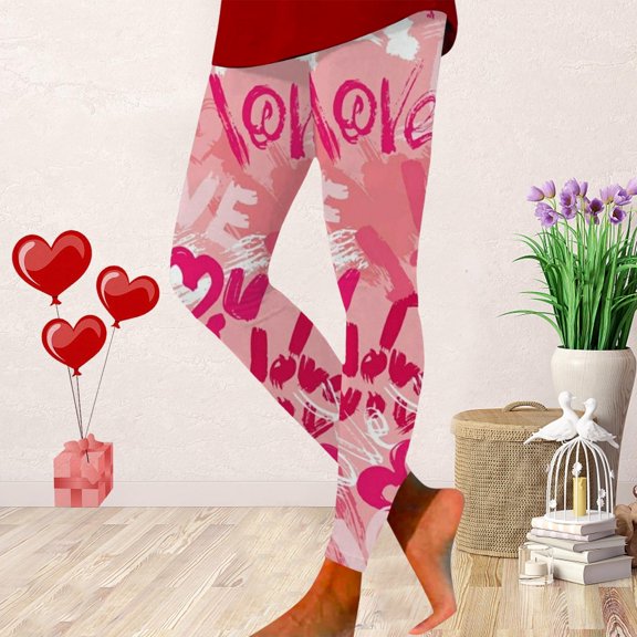 HOWPAY Valentines Women's Leggings Elastic High Waisted Love Heart Printed Tummy Control Slim Fit Yoga Pants Tights Soft Stretchy Ankle Length Casual Workout Pants Watermelon Red M