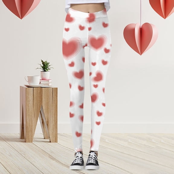 HOWPAY Valentines Women's Leggings Elastic High Waisted Romantic Heart Printed Sports Running Tights Yoga Pants Ankle Length Slim Fit Soft Baggy Sweat Pants Wine L