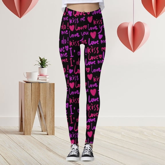 HOWPAY Valentines Women's Leggings Elastic High Waisted Romantic Heart Printed Sports Running Tights Yoga Pants Ankle Length Slim Fit Soft Casual Workout Pants Black XL