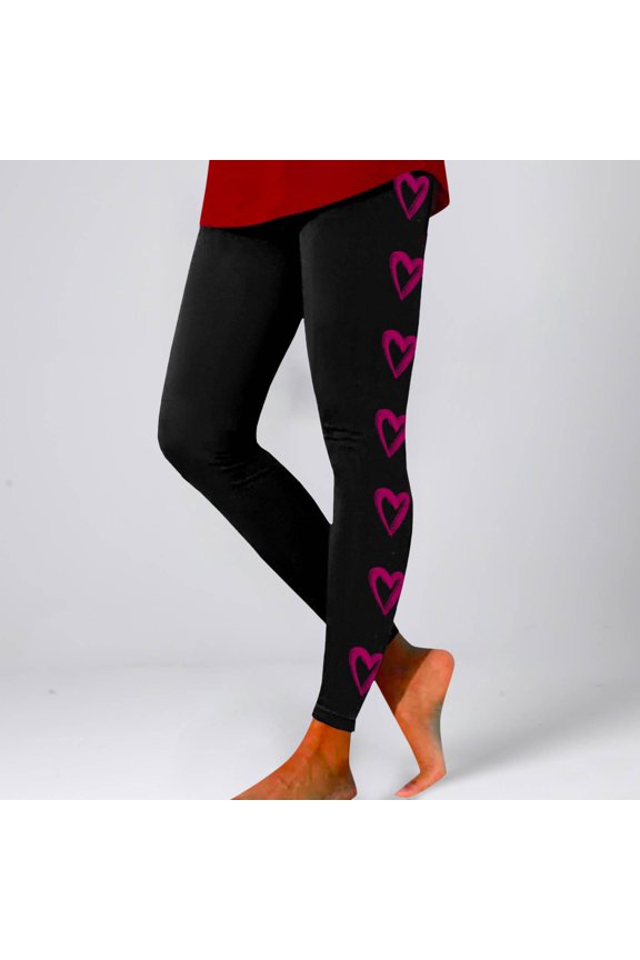 Valentines Women's Leggings High Waisted Romantic Heart Printed Tummy Control Slim Fit Yoga Pants Tights Soft Stretchy Casual Workout Pants Hot Pink XXL