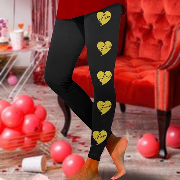 HOWPAY Valentines Women's Leggings Romantic Heart Graphic High Waisted Stretchy Slim Fit Yoga Pants Sports Running Tummy Control Tights Baggy Sweat Pants Yellow S