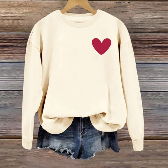 HOWPAY Valentines Women's Sweatshirt Oversized Love Heart Printed Crewneck Long Sleeve Tops Causal Loose Fit Drop Shoulder Shirt Soft Cozy Y2K Clothes Beige L