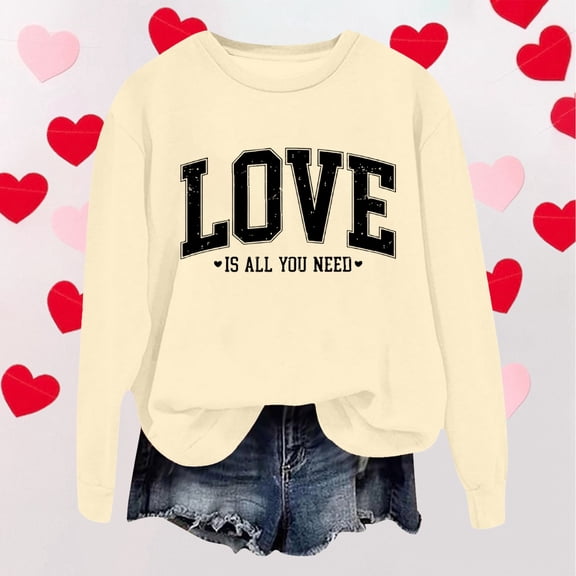 HOWPAY Valentines Women's Sweatshirt Oversized Love Letter Graphic Long Sleeve Round Neck Pullover Loose Fit Causal Blouse Comfy Fall Clothes Beige L