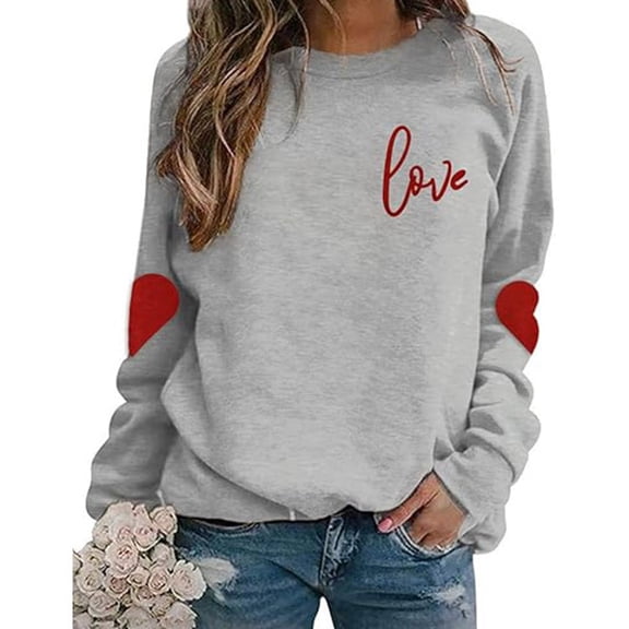 HOWPAY Valentines Women's Sweatshirt Oversized Love Letter Printed Crewneck Long Sleeve Pullover Top Loose Fit Causal Shirt Cozy Fall Clothes Grey L