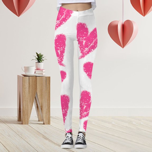 HOWPAY Valentines Womens Leggings Elastic High Waisted Romantic Heart Printed Sports Running Tights Yoga Pants Ankle Length Slim Fit Soft Casual Workout Pants Grey S