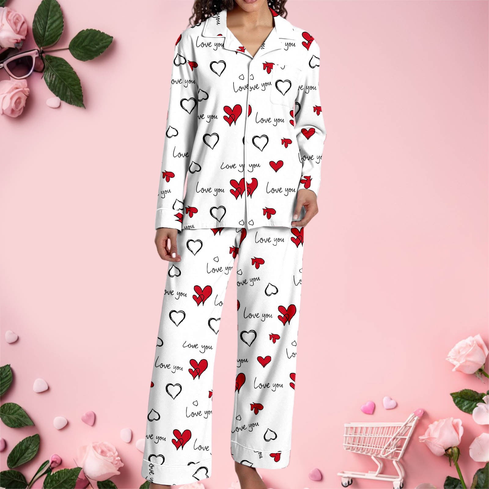 Cute Heart Print Cotton Pajama Set – 2-Piece Loungewear for Women main image 0