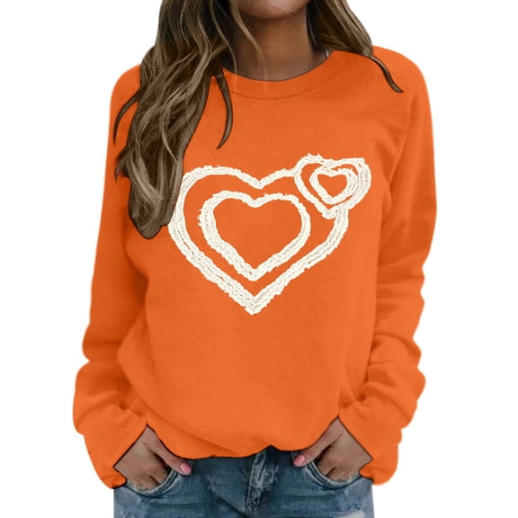 HOWPAY Valentines Womens Sweatshirt Oversized Funny Love Heart Printed Long Sleeve Round Neck Pullover Lightweight Soft Tops Causal Y2K Clothes Orange XL