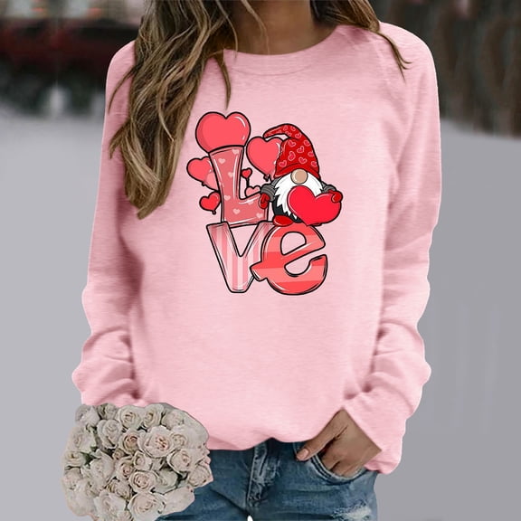 HOWPAY Valentines Womens Sweatshirt Oversized Heart Printed Long Sleeve Crew Neck Pullover Top Loose Fit Causal Drop Shoulder Shirt Soft Comfy Fall Clothes Pink XXL