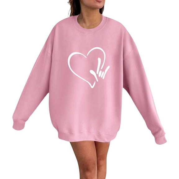 HOWPAY Valentines Womens Sweatshirt Oversized Love Heart Graphic Long Sleeve Crewneck Pullover Loose Fit Causal Drop Shoulder Shirt Soft Cozy Fall Clothes Pink L