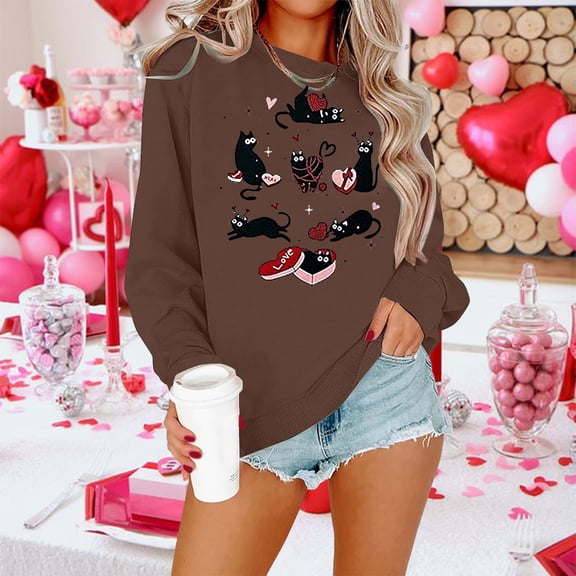 HOWPAY Valentines Womens Sweatshirt Oversized Love Heart Graphic Long Sleeve Round Neck Pullover Lightweight Soft Tops Causal Fall Clothes Brown L