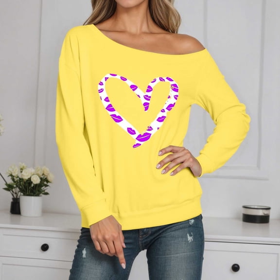 HOWPAY Valentines Womens Sweatshirt Oversized Off Shoulder Graphic Long Sleeve Crewneck Pullover Lightweight Soft T Shirt Causal Y2K Clothes Yellow XL