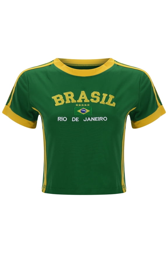Vintage Graphic Baby Tees Brazil Shirts for Women Brasil Shirt Y2k Crop Tops for Summer Going Out Tops Green L