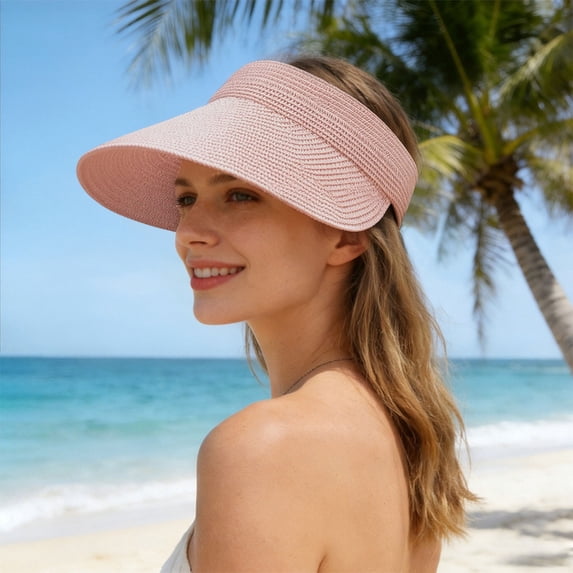 HOWPAY Visor Hats for Women Wide Brim Open Top Adjutable Ponytail Sun Protection Straw Hat Packable Foldable Summer Holiday Beach Cap Pink One Size