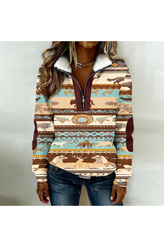 Western Aztec Print Sweatshirt for Women Quarter Zip Long Sleeve Collar Pullover Vintage Casual Warm Comfy Fall Winter Jacket Khaki L