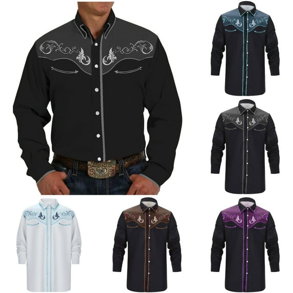 HOWPAY Western Shirts for Men Embroideres Cowboy Vintage Long Sleeve Lapel Collar Casual Button down Tops Loose Fit Lightweight Fall Outfits Grey L