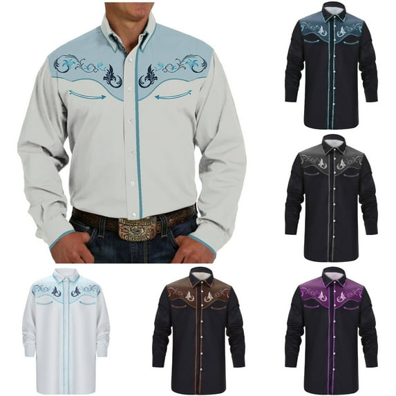 HOWPAY Western Shirts for Men Embroideres Cowboy Vintage Long Sleeve Lapel Collar Casual Button down Tops Loose Fit Lightweight Fall Outfits White L