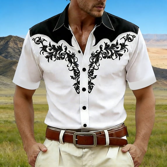 HOWPAY Westren Cowboy Shirts for Men Short Sleeve Button down Shirt Embroidered Print Vintage Top Work Party Wedding Summer Clothes Black XL