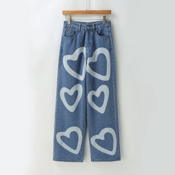 HOWPAY Wide Leg Jeans Woman Heart Print High Waisted Stretchy Loose Denim Pants with Pockets Boyfriend Casual Streetwear Baggy Pants Blue XS