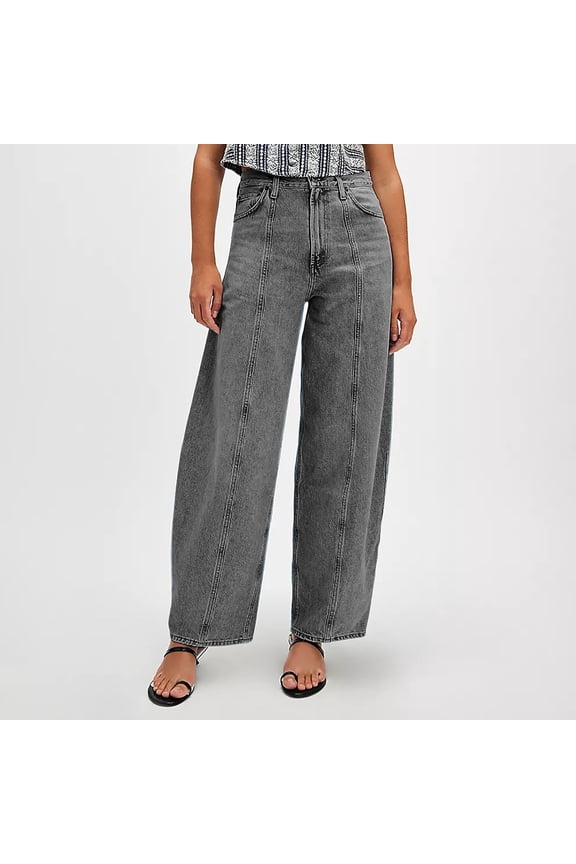 Wide Leg Jeans Woman High Waisted Straight Leg Denim Pants with Pockets Casual Solid Color Stretchy Relaxed Streetwear Baggy Pants Grey L