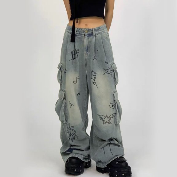 HOWPAY Wide Leg Jeans for Women High Waisted Denim Pants with Pockets Solid Color Casual Stretchy Boyfriend Streetwear Straight Leg Baggy Jeans Blue S