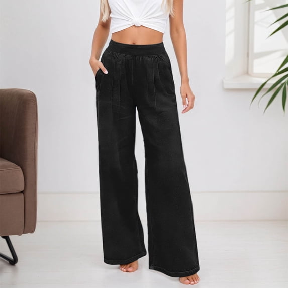 HOWPAY Wide Leg Jeans for Women Boyfriend High Waisted Pull on Stretchy Denim Pants with Pockets Elastic Waist Baggy Y2k Streetwear Black L