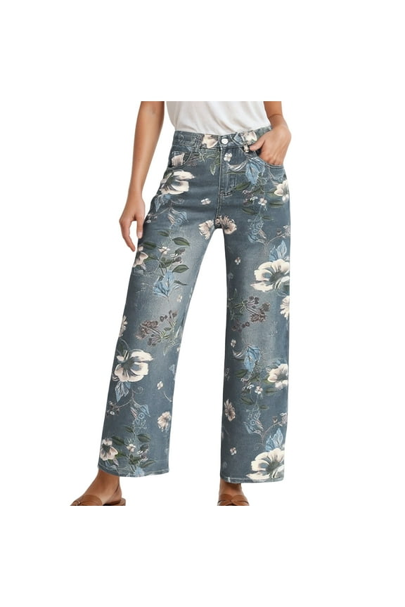 Wide Leg Jeans for Women Floral Print High Rise Boho Casual Denim Pants with Pockets Vintage Stretchy Loose Boyfriend Baggy Jeans Blue L