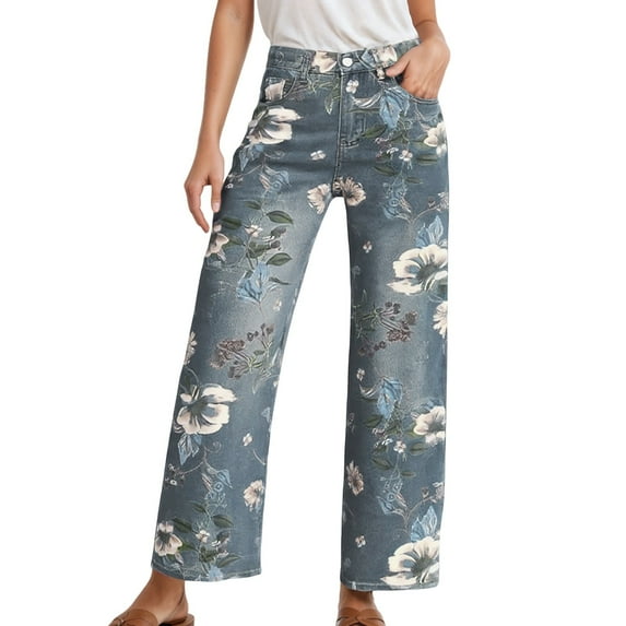 HOWPAY Wide Leg Jeans for Women Floral Print High Rise Boho Casual Denim Pants with Pockets Vintage Stretchy Loose Boyfriend Baggy Jeans Blue XL