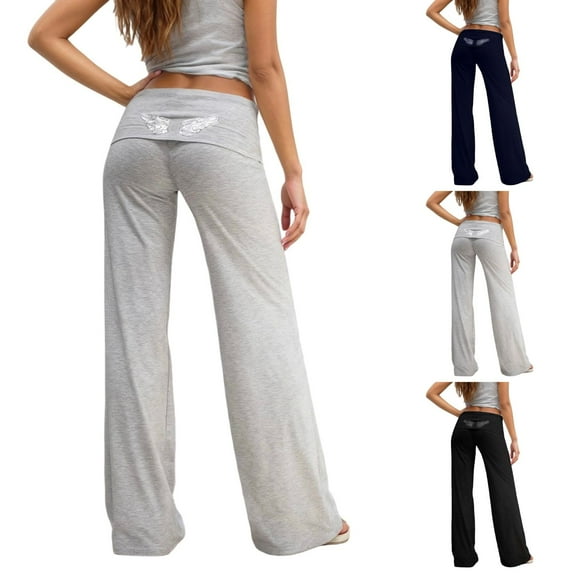 HOWPAY Wide Leg Sweatpants Women Angel Wings High Waist Stretchy Solid Color Vintage Y2k Streetwear with Rhinestone Lightweight Lounge Pants Light Gray XS