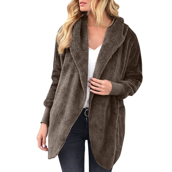 HOWPAY Winter Coats for Women Fuzzy Casual Hooded Jacket Long Sleeve Solid Color Zip up Outerwear with Pockets Cozy Overcoat Oversized Warm Soft Clothes Khaki M
