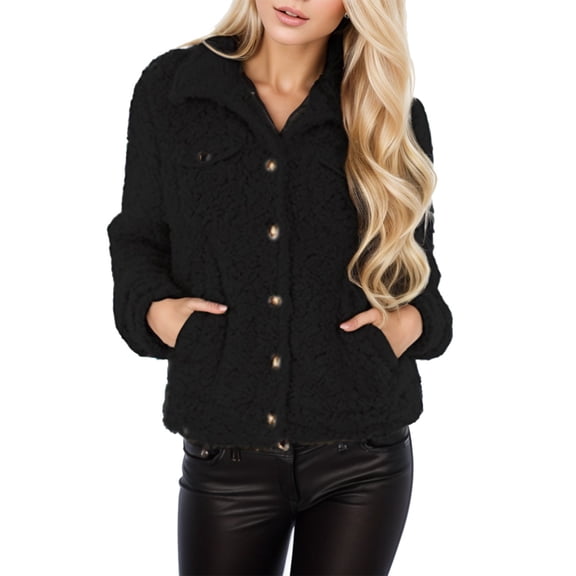 HOWPAY Winter Coats for Women Fuzzy Fleece Jacket Long Sleeve Chunky Overcoat Lapel Solid Color Button down Outwear with Pockets Oversized Casual Warm Soft Clothing Black XXL