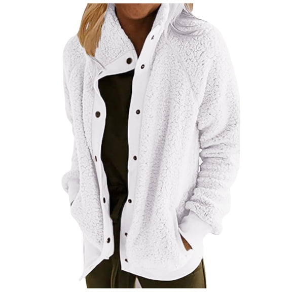 HOWPAY Winter Coats for Women Fuzzy Jacket Long Sleeve Lapel Solid Color Button down Outwear with Pockets Overcoat Oversized Casual Warm Soft Clothing White XXL