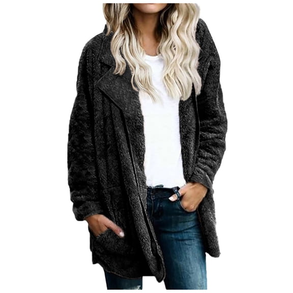 HOWPAY Winter Coats for Women Oversized Fuzzy Jacket Chunky Outerwear with Pockets Lapel Solid Color Long Sleeve Zip up Casual Warm Comfy Slouchy Overcoat Black S