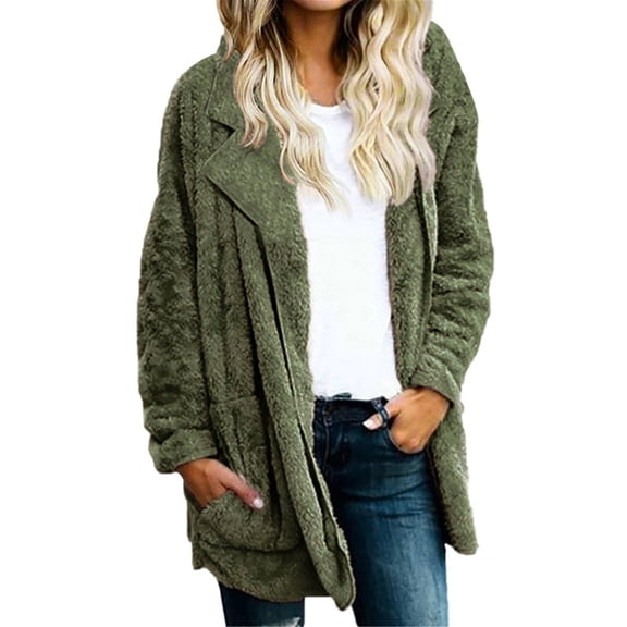HOWPAY Winter Coats for Women Oversized Fuzzy Jacket Chunky Outerwear with Pockets Lapel Solid Color Long Sleeve Zip up Casual Warm Comfy Slouchy Overcoat Green XL