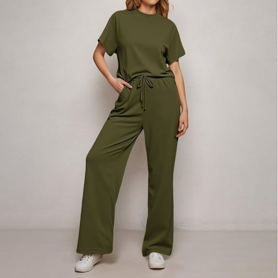HOWPAY Women 2 Piece Outfits Sets Solid Color Short Sleeve Crew Neck Pullover Tops Wide Leg Pants Lounge Sets Loose Fit Casual Y2K Tracksuits Green L