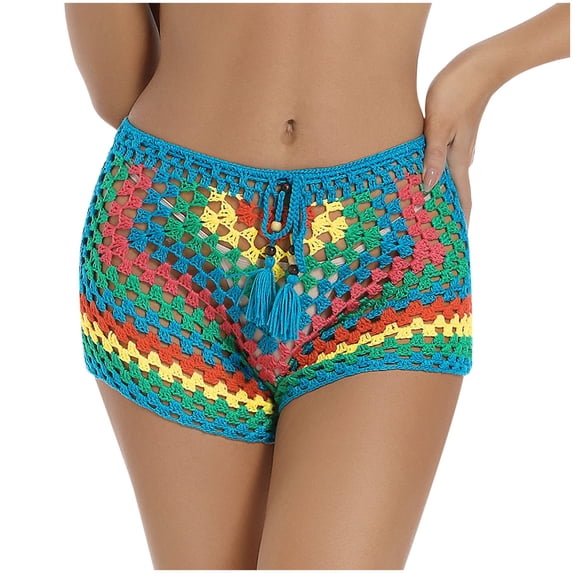 HOWPAY Women Bikini Bottoms High Waisted Hollow Out Crochet Basic Swim Shorts Full Coverage Causal Color Block Beach Pool Swimsuit Bottoms Blue M
