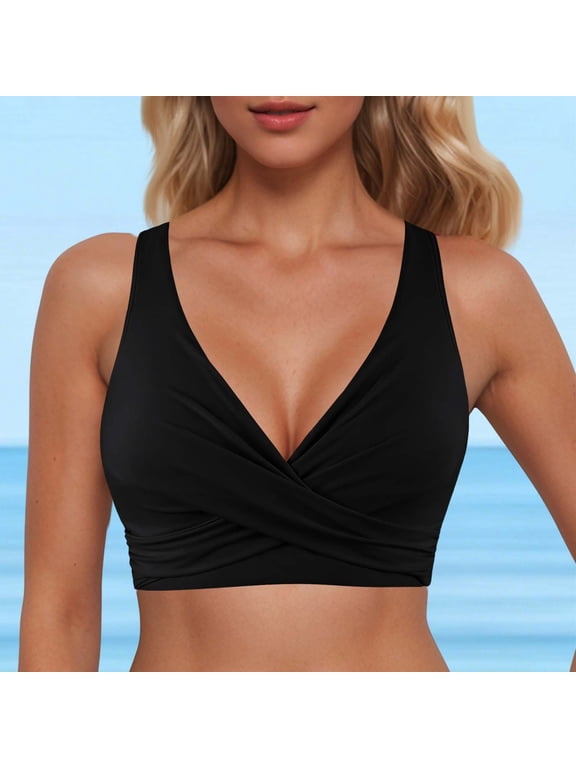 Women Halter Bikini Top Summer Full Coverage Push up Supportive V Neck Backless Bathing Suit Tops Only Sports Lightweight Swim Bra Black XL