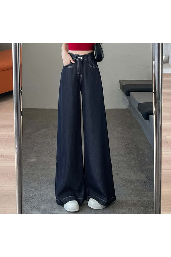 Women Jeans Wide Leg High Waisted Button Stretchy Denim Pants with Pockets Straight Leg Comfort Vintage Streetwear Baggy Jeans Blue M