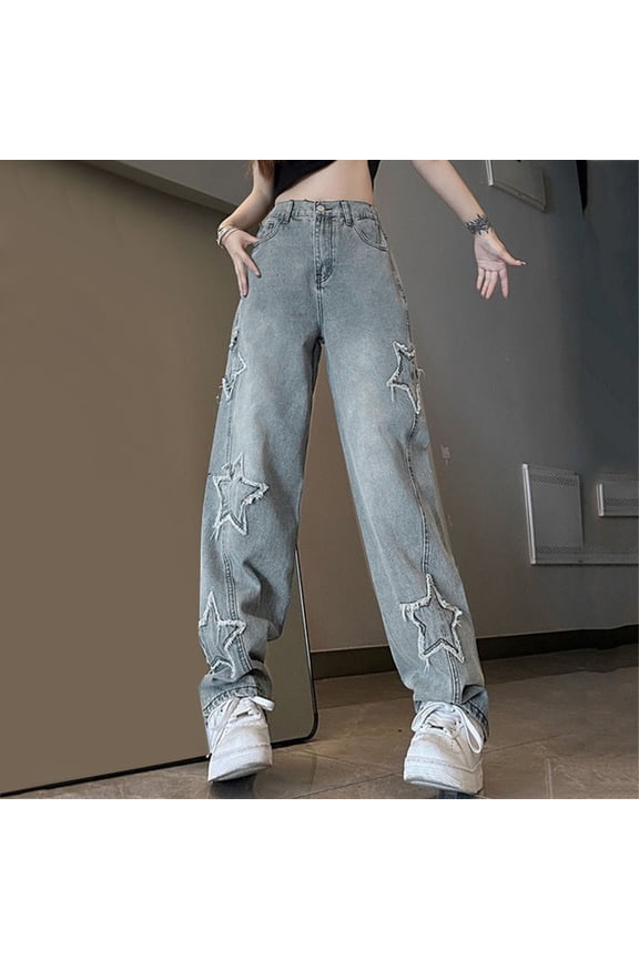 Women Jeans Wide Leg High Waisted Denim Pants with Pockets Casual Button Relaxed Stretchy Comfort Boyfriend Straight Leg Baggy Jeans Blue L