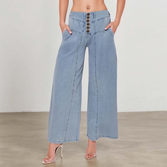 HOWPAY Women Jeans Wide Leg High Waisted Straight Leg Denim Pants with Pockets Casual Button Loose Stretchy Comfort Boyfriend Baggy Pants Blue XL