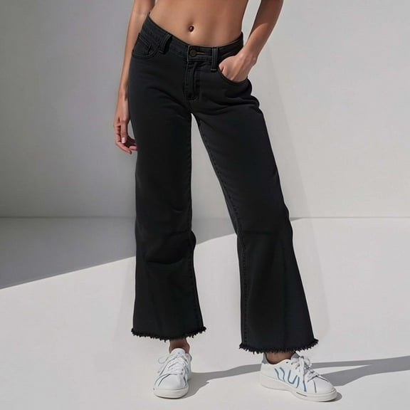HOWPAY Women Jeans Wide Leg High Waisted Stretchy Straight Leg Denim Pants with Pockets Casual Loose Vintage Streetwear Baggy Jeans Black S