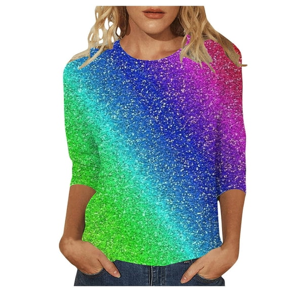 HOWPAY Women Sequin Top 3/4 Length Sleeve Crewneck Glitter Sparkly Loose Fit Dressy Blouse Tees for Holiday Evening Party Lightweight Shiny Blouses Multicolour XXXL